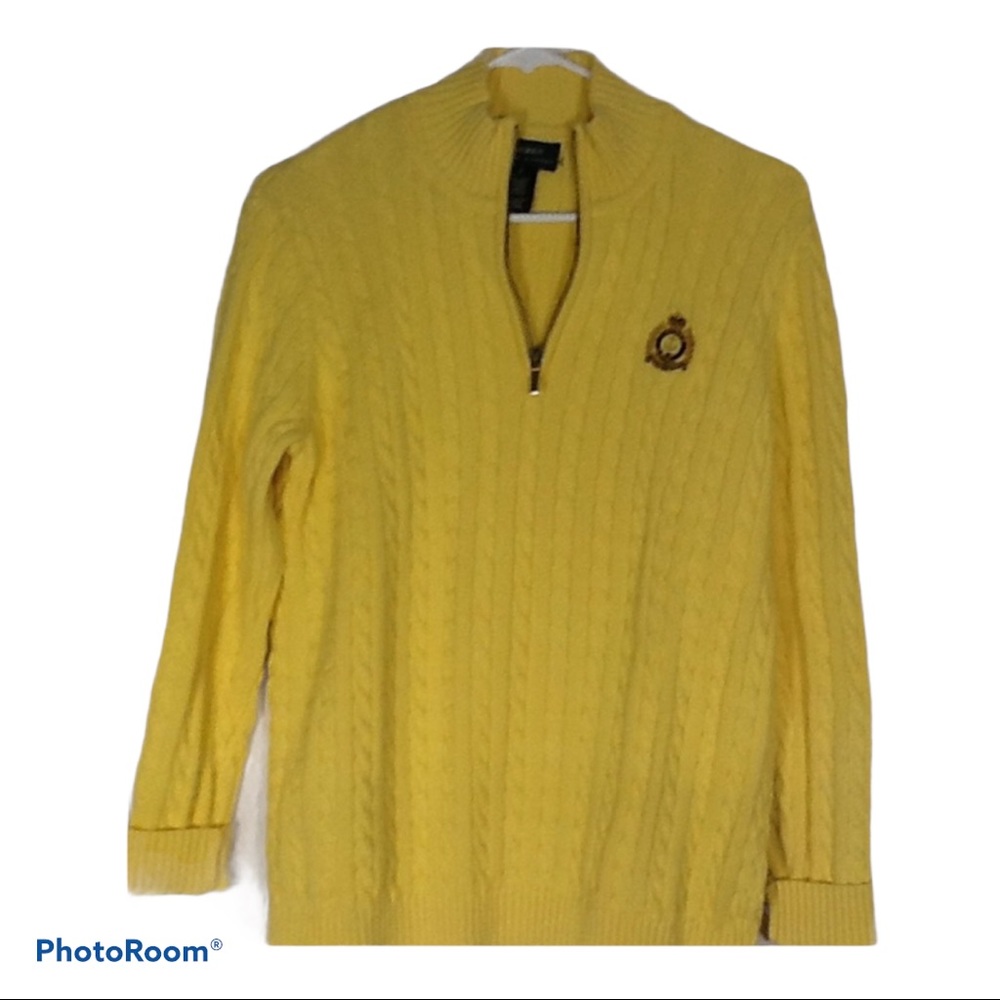 Ralph Lauren Yellow 1/4 Zip Cable Knit Zip Crested Sweater Preppy Old Money